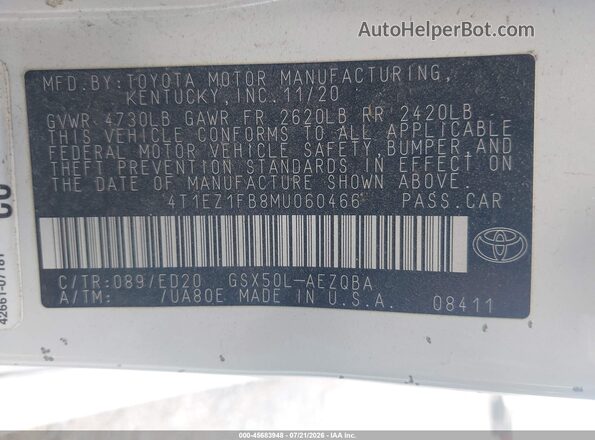 4T1EZ1FB8MU060466 2021 TOYOTA AVALON White Widok komory silnika