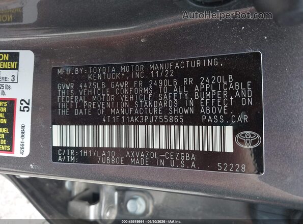 4T1F11AK3PU755865 2023 TOYOTA CAMRY Gray Engine compartment view