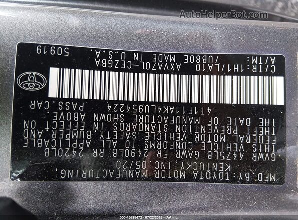 4T1F11AK4LU954224 2020 TOYOTA CAMRY Gray ძრავის განყოფილების ხედი