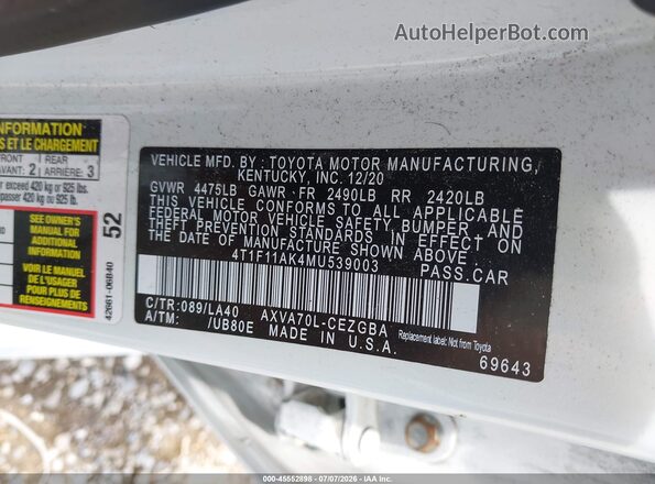 4T1F11AK4MU539003 2021 TOYOTA CAMRY White Vista del compartimento del motor
