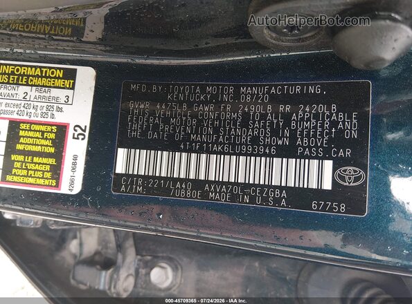 4T1F11AK6LU993946 2020 TOYOTA CAMRY Green Widok komory silnika