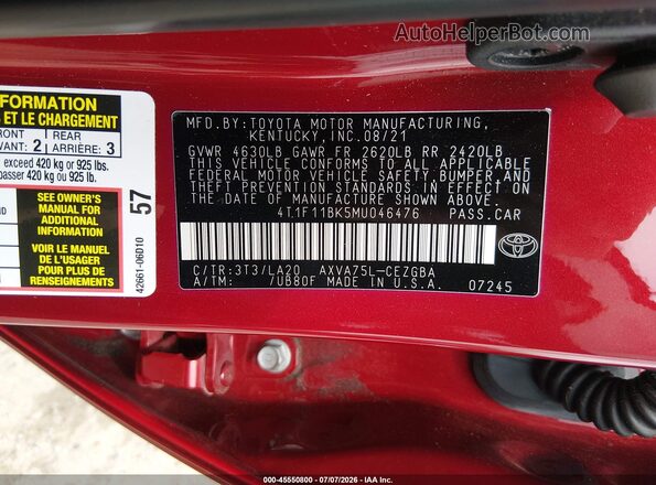 4T1F11BK5MU046476 2021 TOYOTA CAMRY Красный Вид подкапотного пространства