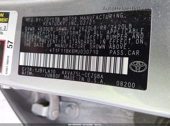 4T1F11BK6MU030710 2021 TOYOTA CAMRY Silver VIN კოდის სტიკერის ხედი
