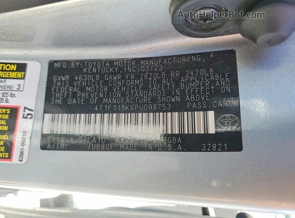 4T1F11BK6PU098753 2023 TOYOTA CAMRY Silver Vista de la etiqueta del VIN