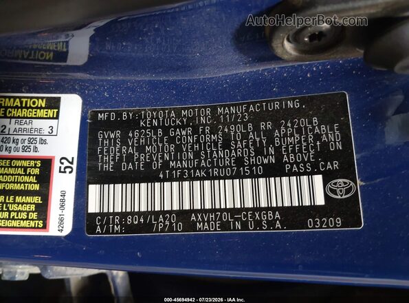 4T1F31AK1RU071510 2024 TOYOTA CAMRY HYBRID Blue ძრავის განყოფილების ხედი