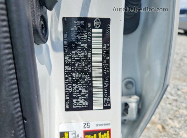 4T1F31AK2LU536660 2020 TOYOTA CAMRY White Widok komory silnika