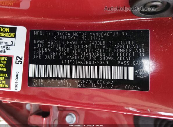 4T1F31AK3RU072349 2024 TOYOTA CAMRY HYBRID Red Вид підкапотного простору