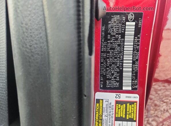 4T1FZ1AK0LU042019 2020 TOYOTA CAMRY Burgundy Вид підкапотного простору