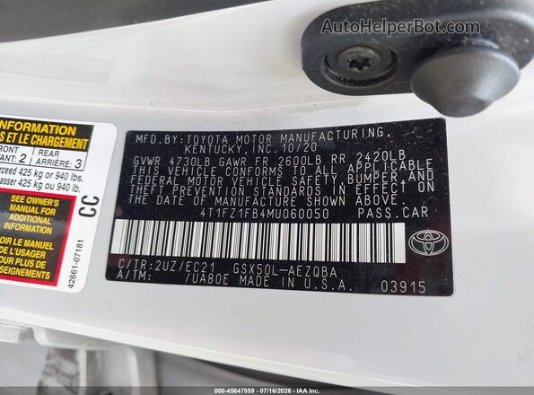 4T1FZ1FB4MU060050 2021 TOYOTA AVALON Gray Widok komory silnika