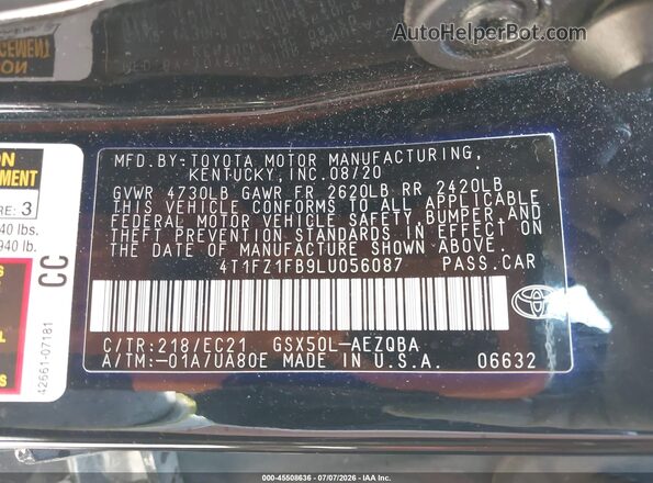 4T1FZ1FB9LU056087 2020 TOYOTA AVALON Black Вид підкапотного простору
