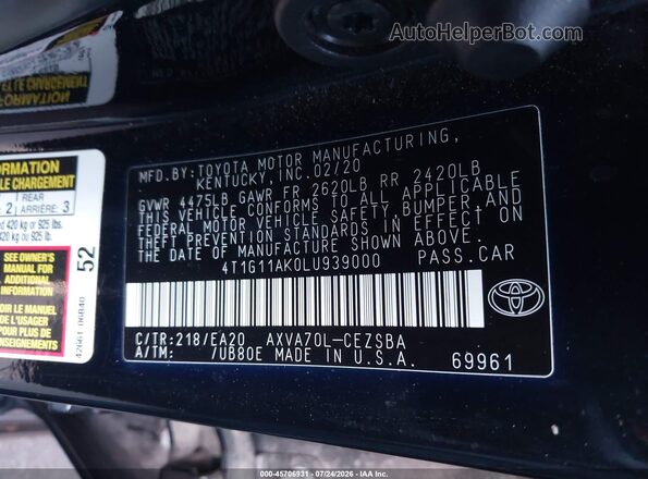 4T1G11AK0LU939000 2020 TOYOTA CAMRY Черный Вид подкапотного пространства