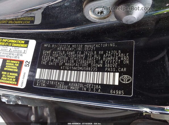 4T1G11AK0MU588235 2021 TOYOTA CAMRY Black Շարժիչի բաժամունքի տեսք