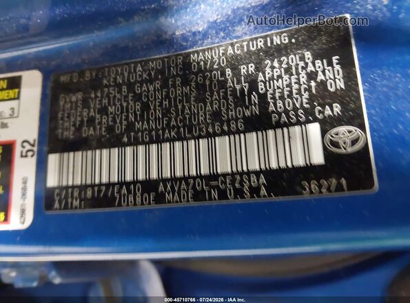 4T1G11AK1LU346486 2020 TOYOTA CAMRY Blue Շարժիչի բաժամունքի տեսք