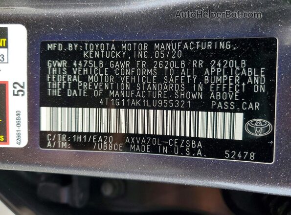 4T1G11AK1LU955321 2020 TOYOTA CAMRY Gray Widok naklejki z numerem VIN
