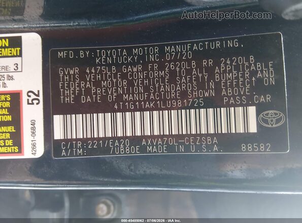 4T1G11AK1LU981725 2020 TOYOTA CAMRY Dark Blue Շարժիչի բաժամունքի տեսք