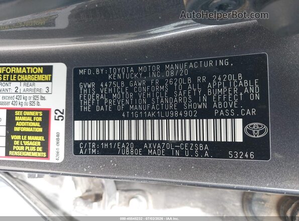 4T1G11AK1LU984902 2020 TOYOTA CAMRY Gray Widok komory silnika