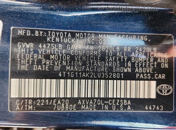 4T1G11AK2LU352801 2020 TOYOTA CAMRY Teal VIN կոդի պիտակի տեսք