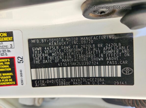 4T1G11AK2LU397124 2020 TOYOTA CAMRY White Շարժիչի բաժամունքի տեսք