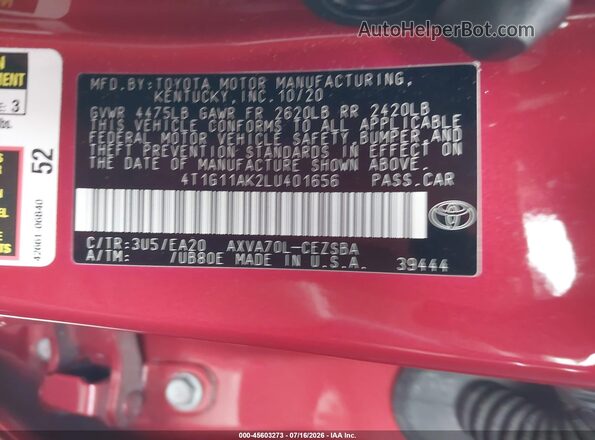 4T1G11AK2LU401656 2020 TOYOTA CAMRY Red Widok komory silnika