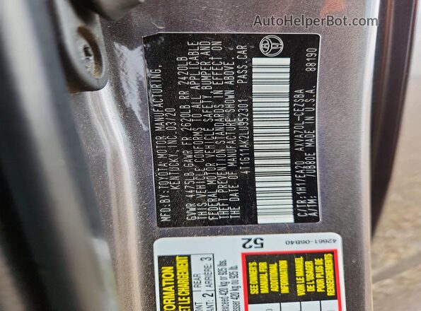 4T1G11AK2LU952301 2020 TOYOTA CAMRY Gray Vista de la etiqueta del VIN