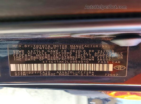 4T1G11AK2LU969910 2020 TOYOTA CAMRY Black Engine compartment view