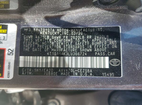 4T1G11AK3LU366724 2020 TOYOTA CAMRY Серый Вид подкапотного пространства