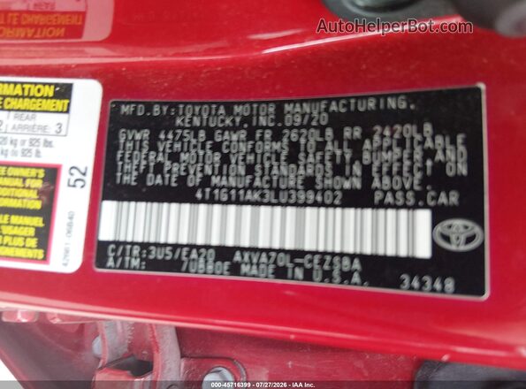 4T1G11AK3LU399402 2020 TOYOTA CAMRY Красный Вид подкапотного пространства