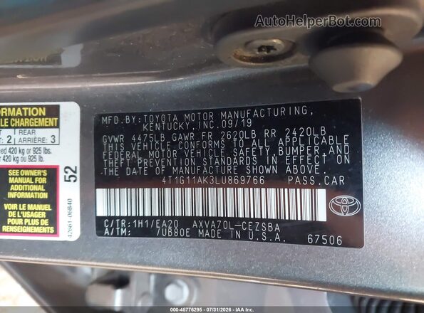 4T1G11AK3LU869766 2020 TOYOTA CAMRY Gray Vista del compartimento del motor