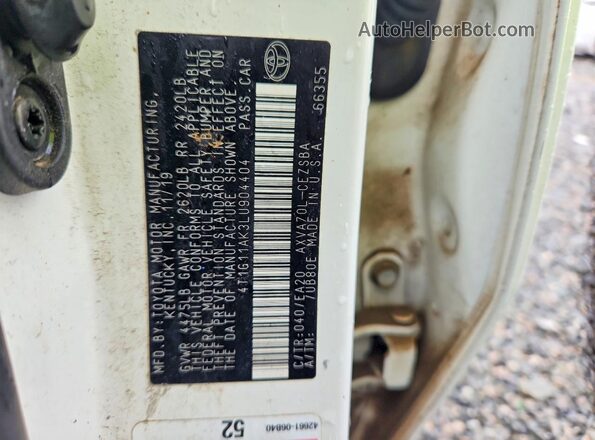 4T1G11AK3LU904404 2020 TOYOTA CAMRY White Вид підкапотного простору