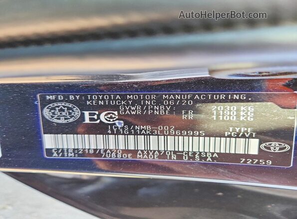 4T1G11AK3LU969995 2020 TOYOTA CAMRY Black Widok naklejki z numerem VIN