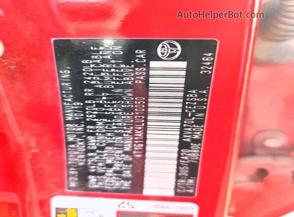 4T1G11AK4LU310050 2020 TOYOTA CAMRY Red VIN კოდის სტიკერის ხედი
