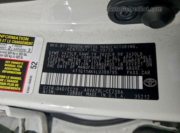 4T1G11AK4LU399795 2020 TOYOTA CAMRY White Engine compartment view