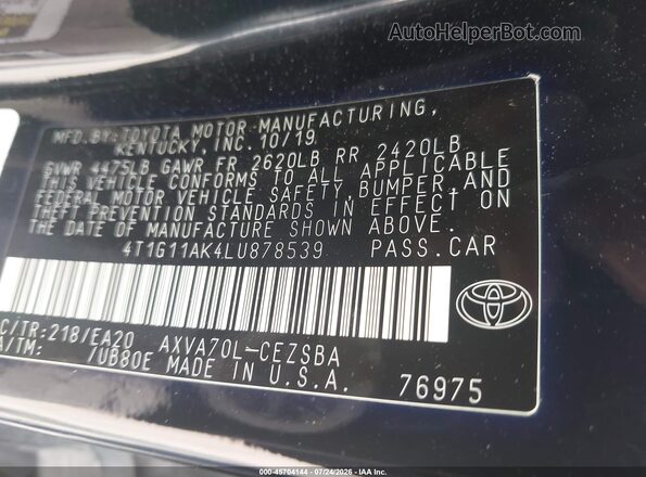 4T1G11AK4LU878539 2020 TOYOTA CAMRY Black Vista del compartimento del motor