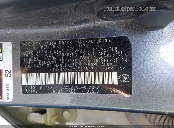 4T1G11AK4MU521802 2021 TOYOTA CAMRY Серый Вид подкапотного пространства