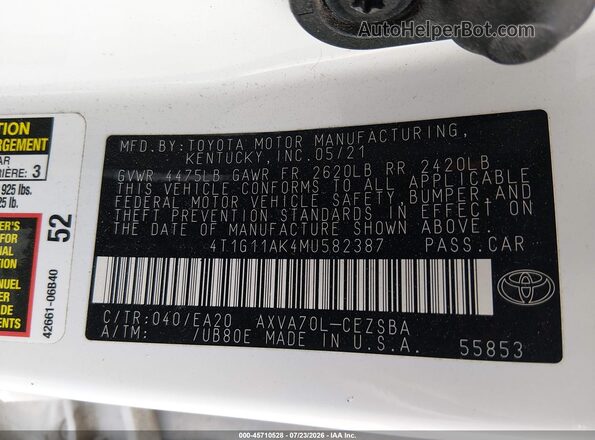 4T1G11AK4MU582387 2021 TOYOTA CAMRY Белый Вид подкапотного пространства
