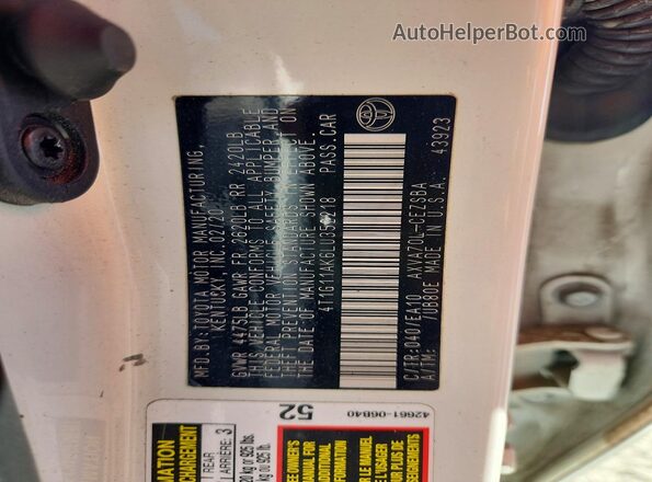 4T1G11AK6LU352218 2020 TOYOTA CAMRY White Engine compartment view