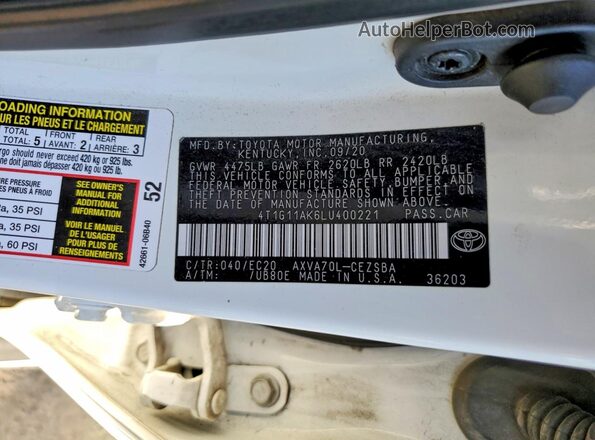 4T1G11AK6LU400221 2020 TOYOTA CAMRY White VIN კოდის სტიკერის ხედი