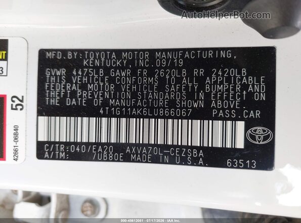 4T1G11AK6LU866067 2020 TOYOTA CAMRY White Vista del compartimento del motor