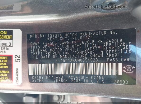 4T1G11AK6MU551920 2021 TOYOTA CAMRY Серый Вид подкапотного пространства