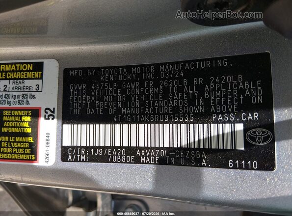 4T1G11AK6RU915535 2024 TOYOTA CAMRY Серебряный Вид подкапотного пространства