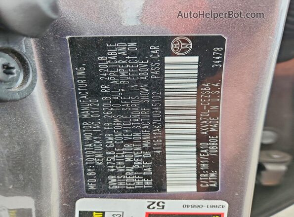 4T1G11AK7LU345102 2020 TOYOTA CAMRY Серый Вид подкапотного пространства