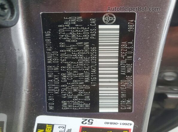 4T1G11AK7LU392596 2020 TOYOTA CAMRY Gray Vista del compartimento del motor