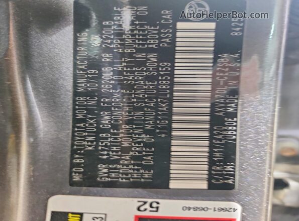 4T1G11AK7LU885159 2020 TOYOTA CAMRY Gray Вид підкапотного простору