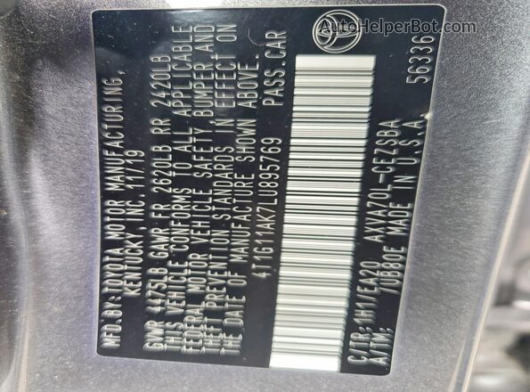 4T1G11AK7LU895769 2020 TOYOTA CAMRY Charcoal Widok komory silnika