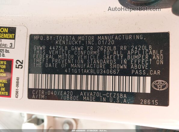 4T1G11AK8LU340667 2020 TOYOTA CAMRY White Շարժիչի բաժամունքի տեսք