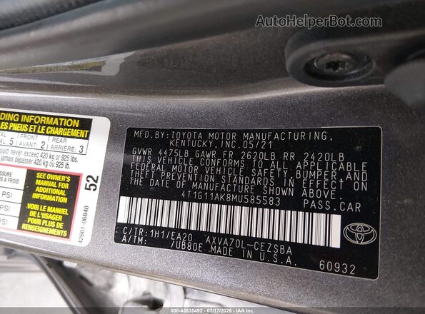 4T1G11AK8MU585583 2021 TOYOTA CAMRY Gray Շարժիչի բաժամունքի տեսք