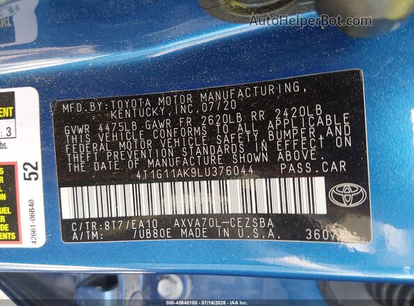 4T1G11AK9LU376044 2020 TOYOTA CAMRY Blue Engine compartment view