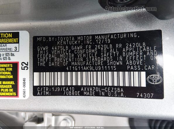4T1G11AK9LU911115 2020 TOYOTA CAMRY Silver Vista del compartimento del motor