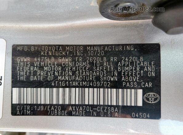 4T1G11AKXMU409702 2021 TOYOTA CAMRY Silver Вид підкапотного простору