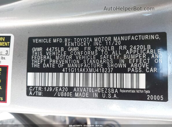 4T1G11AKXMU418237 2021 TOYOTA CAMRY Silver Vista del compartimento del motor